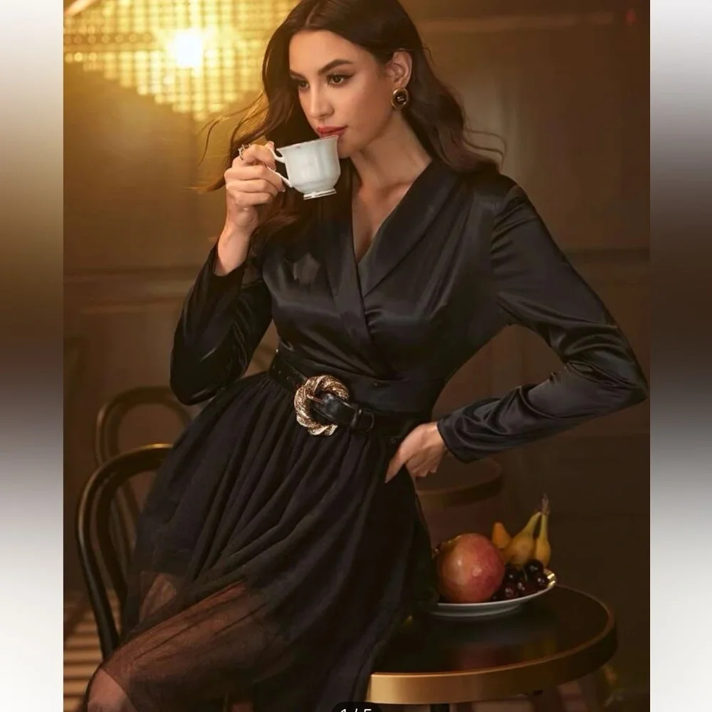 SHEIN x Farah NWT | Black Shawl Collar Mesh Hem Dress. Satin & Tulle🫀😻 s…